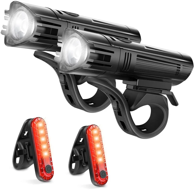 Main image of Ultra Bright USB Rechargeable Bike Light Set, Powerful Bicycle Front Headlight and Back Taillight, 4 Light Modes, Easy to Install for Men Women Road Mountain Cycling Black, Set of 2