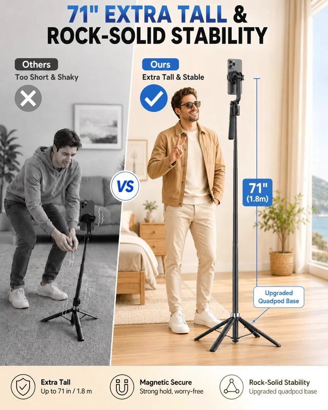 Alt view image 3 of 7 - 71" Auto Face Tracking Tripod, 1-Sec Quick Setup Magnetic Tripod for iPhone, No App Needed 360° Rotating Phone & Camera Tripod, Content Creator Essentials for TikTok YouTube