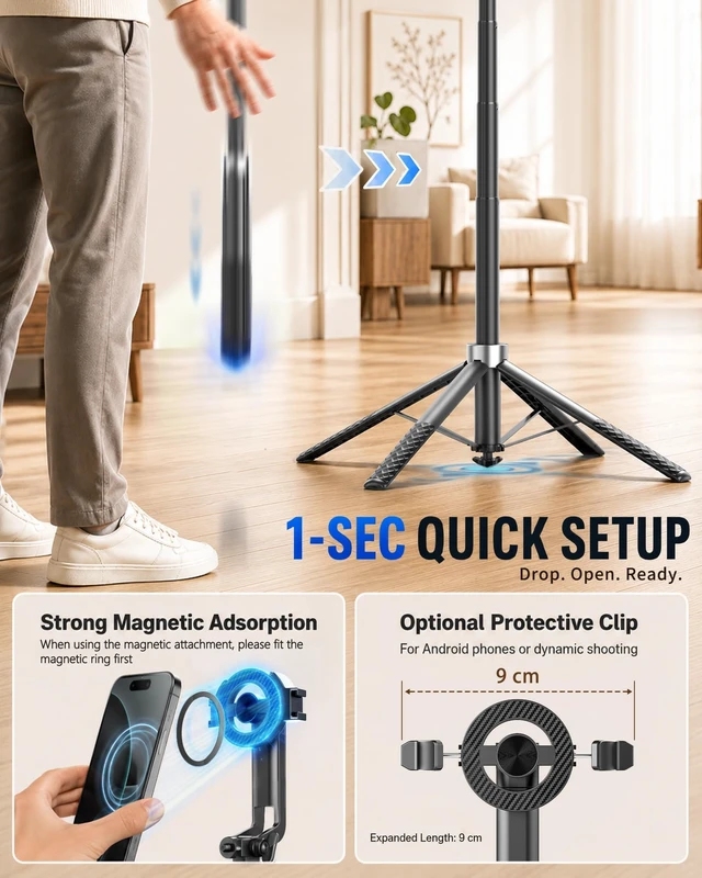 Alt view image 4 of 7 - 71" Auto Face Tracking Tripod, 1-Sec Quick Setup Magnetic Tripod for iPhone, No App Needed 360° Rotating Phone & Camera Tripod, Content Creator Essentials for TikTok YouTube