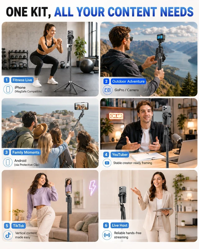 Alt view image 5 of 7 - 71" Auto Face Tracking Tripod, 1-Sec Quick Setup Magnetic Tripod for iPhone, No App Needed 360° Rotating Phone & Camera Tripod, Content Creator Essentials for TikTok YouTube