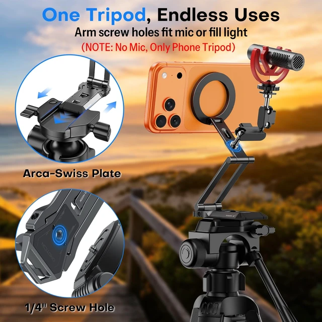 Alt view image 4 of 7 - Magnetic Phone Tripod for iPhone 18Duo, with Arca-Swiss & 1/4" Screw | Multi-adjustment, Cell Phone Stand for MagSafe, Fold Hook, Fits Vlog, Creators, Live streaming, Women Men Gift, Selfie