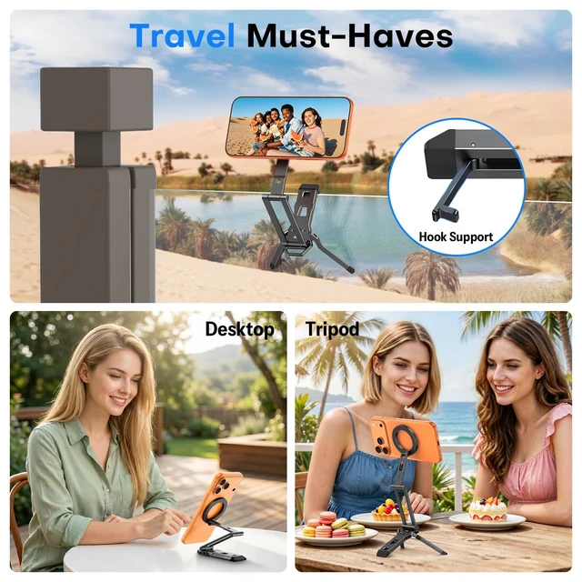Alt view image 3 of 7 - Magnetic Phone Tripod for iPhone 18Duo, with Arca-Swiss & 1/4" Screw | Multi-adjustment, Cell Phone Stand for MagSafe, Fold Hook, Fits Vlog, Creators, Live streaming, Women Men Gift, Selfie