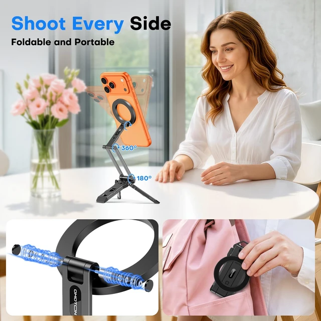Alt view image 5 of 7 - Magnetic Phone Tripod for iPhone 18Duo, with Arca-Swiss & 1/4" Screw | Multi-adjustment, Cell Phone Stand for MagSafe, Fold Hook, Fits Vlog, Creators, Live streaming, Women Men Gift, Selfie