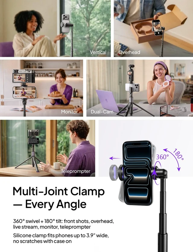 Alt view image 6 of 7 - Tripod for iPhone 18 Pro Max 8K Video Selfie Stick with Remote 67" | Content creator essentials: selfie stick tripod with remote & selfie stick for Android 67" full size tripod for Samsung S26