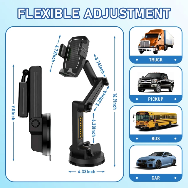 Alt view image 3 of 7 - Truck Phone Holder Mount,Car Phone Holder,Dashboard Windshield Phone Holder 16.9 inch Long Arm,Super Suction Cup Compatible with Pickup Truck,Commercial Truck and All Phone