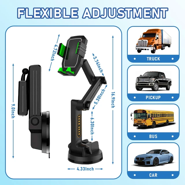 Alt view image 2 of 7 - Heavy Duty Phone Holder - Long Arm, Anti-Shake Suction Cup, Compatible with All Phones & Vehicles