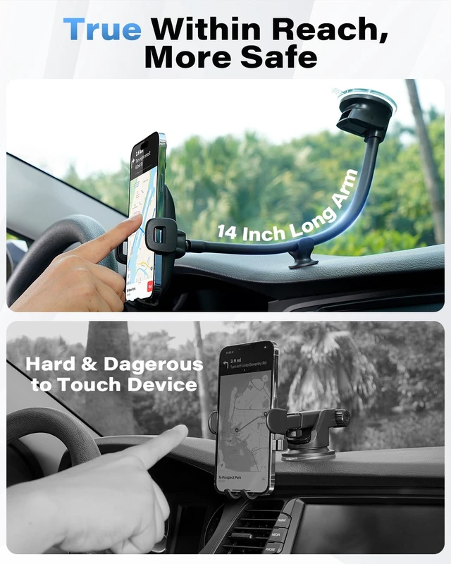 Alt view image 2 of 7 - Solid Car Truck Phone Mount Holder Black with 14" Gooseneck Long Arm | Windshield Window Mobile Holders w/Industrial-Strength Suction Cup, Anti-Shake Stabilizer Compatible All Cell Phones iPhone