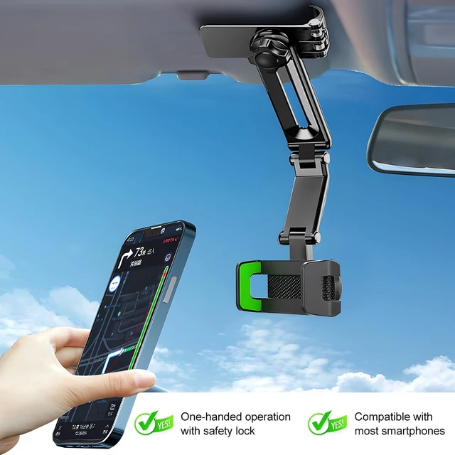 Alt view image 4 of 6 - Car Phone Holder, 1080° Rotatable and Retractable Mobile Phone Holder, Multi-Functional Sun Visor Rearview Mirror Car Phone Holder Fit for Most Cell Phones (Black Green)