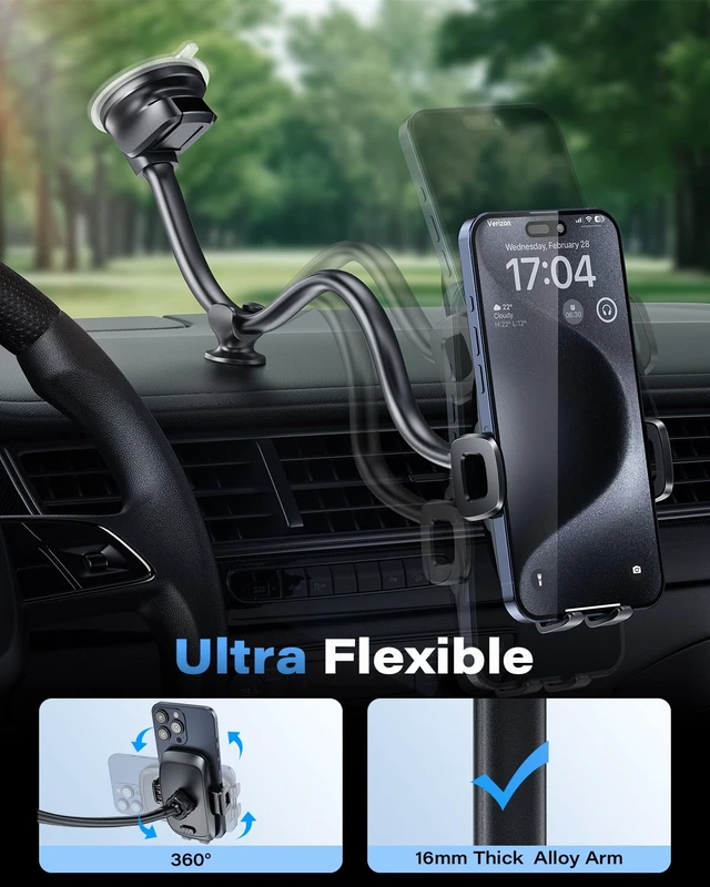 Alt view image 4 of 7 - Solid Car Truck Phone Mount Holder Black with 14" Gooseneck Long Arm | Windshield Window Mobile Holders w/Industrial-Strength Suction Cup, Anti-Shake Stabilizer Compatible All Cell Phones iPhone