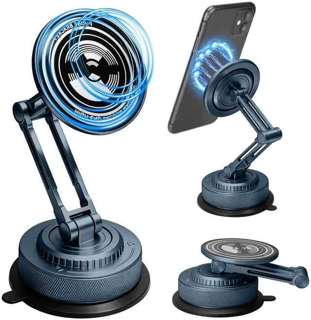 Main image of All-Metal Alloy Long Arm Magnetic Suction Cup Car Phone Mount Holder | Strong Powerful Magnetic Heavy-Duty Windshield Dash 360° Mechanical Rotation Cell Mobile Phone Vehicle Bracket for All Cars