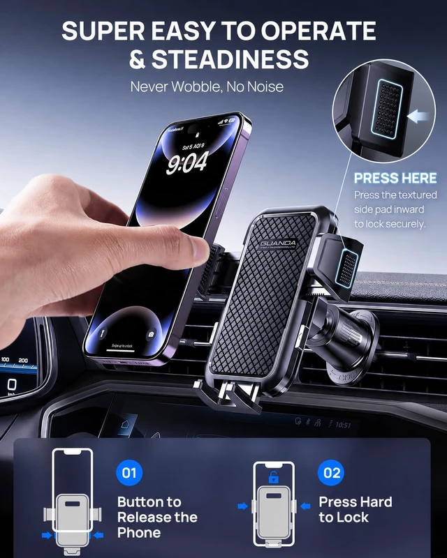 Alt view image 3 of 7 - Air Vent Car Phone Holder, Metal Hook Clip, One-Hand Release, Anti-Shake | Universal smartphone cradle fits large phones with cases; 360° rotation and heat-resistant grip. Not for round vents.