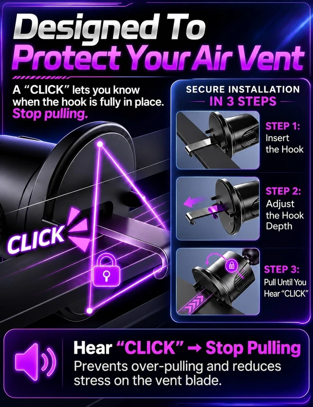 Alt view image 7 of 7 - Air Vent Car Phone Holder, Metal Hook Clip, One-Hand Release, Anti-Shake | Universal smartphone cradle fits large phones with cases; 360° rotation and heat-resistant grip. Not for round vents.