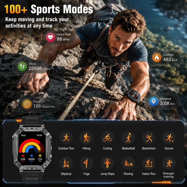 Alt view image 4 of 7 - Smart Watches for Men, 2 Flashlight & 100 Days Battery Life | IP68 Waterproof 2.01'' Military Smart Watch with Sleep/SpO2/Heart Rate Monitor/Step Tracker, Sport Smartwatch for Android iOS
