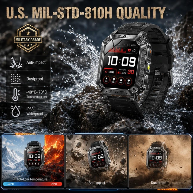 Alt view image 3 of 7 - Smart Watches for Men, 2 Flashlight & 100 Days Battery Life | IP68 Waterproof 2.01'' Military Smart Watch with Sleep/SpO2/Heart Rate Monitor/Step Tracker, Sport Smartwatch for Android iOS