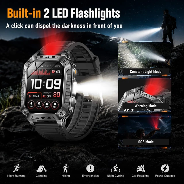 Alt view image 5 of 7 - Smart Watches for Men, 2 Flashlight & 100 Days Battery Life | IP68 Waterproof 2.01'' Military Smart Watch with Sleep/SpO2/Heart Rate Monitor/Step Tracker, Sport Smartwatch for Android iOS