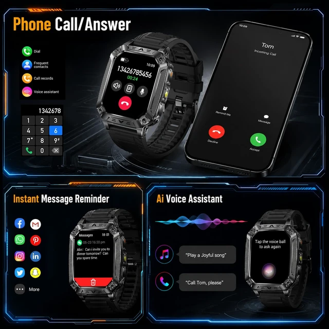 Alt view image 6 of 7 - Smart Watches for Men, 2 Flashlight & 100 Days Battery Life | IP68 Waterproof 2.01'' Military Smart Watch with Sleep/SpO2/Heart Rate Monitor/Step Tracker, Sport Smartwatch for Android iOS