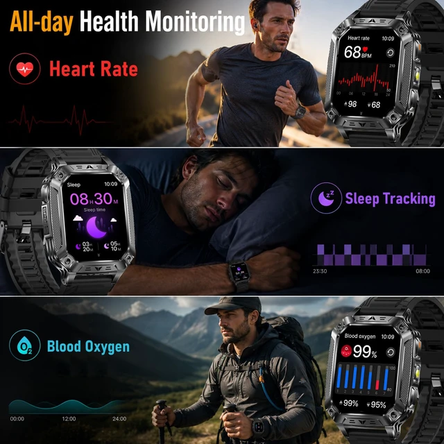 Alt view image 7 of 7 - Smart Watches for Men, 2 Flashlight & 100 Days Battery Life | IP68 Waterproof 2.01'' Military Smart Watch with Sleep/SpO2/Heart Rate Monitor/Step Tracker, Sport Smartwatch for Android iOS