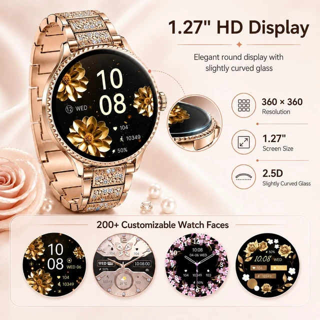 Alt view image 2 of 7 - Smart Watch for Women,(Answer/Make Calls),1.27" Smartwatch Fitness Tracker, Heart Rate,Sleep & Blood Oxygen Monitor, 120+ Sports Modes,IP68 Waterproof, Android & iPhone,2 Bands,Rosegold