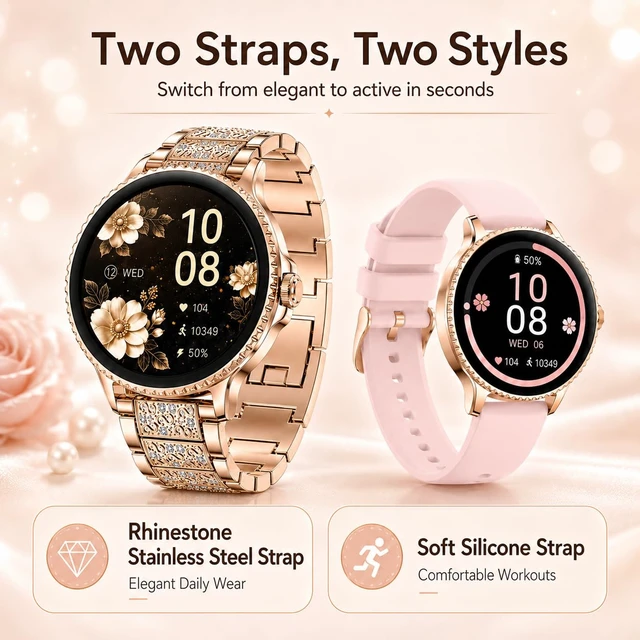 Alt view image 3 of 7 - Smart Watch for Women,(Answer/Make Calls),1.27" Smartwatch Fitness Tracker, Heart Rate,Sleep & Blood Oxygen Monitor, 120+ Sports Modes,IP68 Waterproof, Android & iPhone,2 Bands,Rosegold