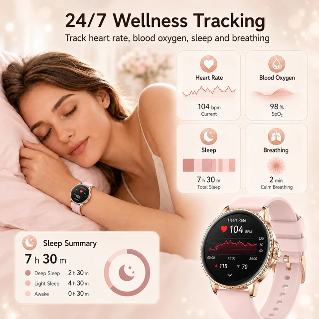Alt view image 5 of 7 - Smart Watch for Women,(Answer/Make Calls),1.27" Smartwatch Fitness Tracker, Heart Rate,Sleep & Blood Oxygen Monitor, 120+ Sports Modes,IP68 Waterproof, Android & iPhone,2 Bands,Rosegold