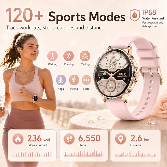 Alt view image 7 of 7 - Smart Watch for Women,(Answer/Make Calls),1.27" Smartwatch Fitness Tracker, Heart Rate,Sleep & Blood Oxygen Monitor, 120+ Sports Modes,IP68 Waterproof, Android & iPhone,2 Bands,Rosegold