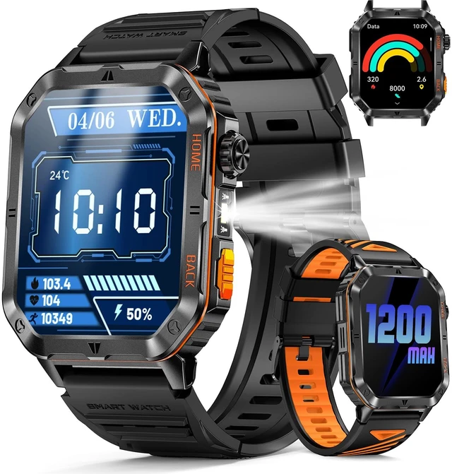 Main image of Military Smart Watches for Men, 2.01" HD Screen, 30-Day Battery, 5ATM Waterproof, LED Flashlight, Heart Rate & Sleep Monitor, 110+ Sports Modes, 2 Watch Bands, Android iOS