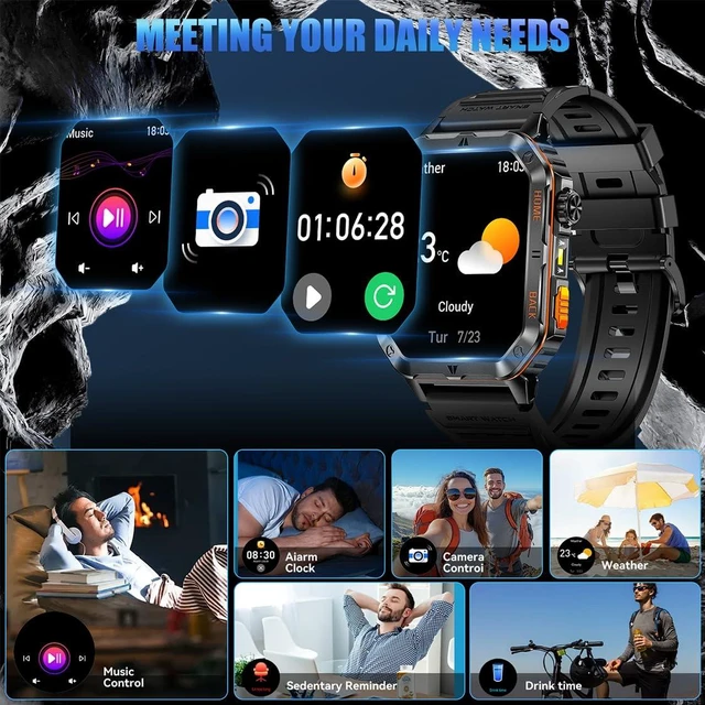 Alt view image 6 of 7 - Military Smart Watches for Men, 2.01" HD Screen, 30-Day Battery, 5ATM Waterproof, LED Flashlight, Heart Rate & Sleep Monitor, 110+ Sports Modes, 2 Watch Bands, Android iOS