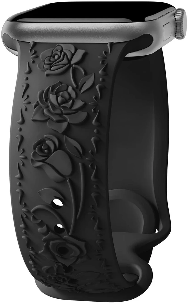Main image of Floral Engraved Band Compatible with Apple Watch Band 40mm 41mm 38mm 42mm 44mm 45mm 46mm 49mm Women, Soft Silicone Embossed Flower Strap for iWatch Band Series SE Ultra 11 10 9 8 7 6 5 4 3 Black 38