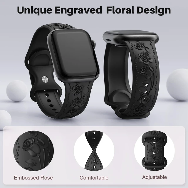 Alt view image 2 of 6 - Floral Engraved Band Compatible with Apple Watch Band 40mm 41mm 38mm 42mm 44mm 45mm 46mm 49mm Women, Soft Silicone Embossed Flower Strap for iWatch Band Series SE Ultra 11 10 9 8 7 6 5 4 3 Black 38