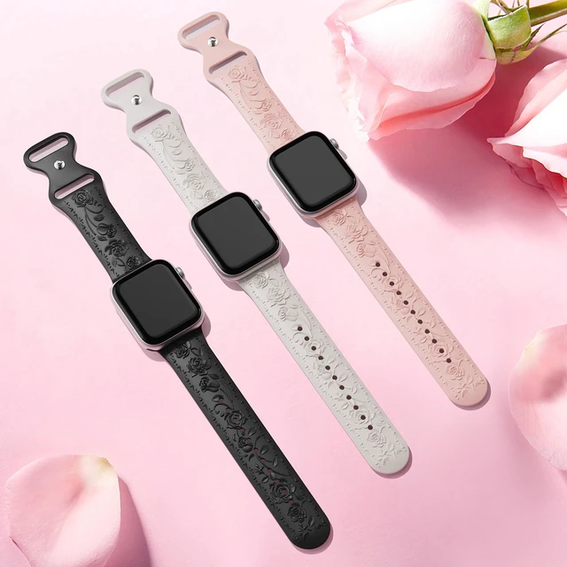 Alt view image 4 of 6 - Floral Engraved Band Compatible with Apple Watch Band 40mm 41mm 38mm 42mm 44mm 45mm 46mm 49mm Women, Soft Silicone Embossed Flower Strap for iWatch Band Series SE Ultra 11 10 9 8 7 6 5 4 3 Black 38