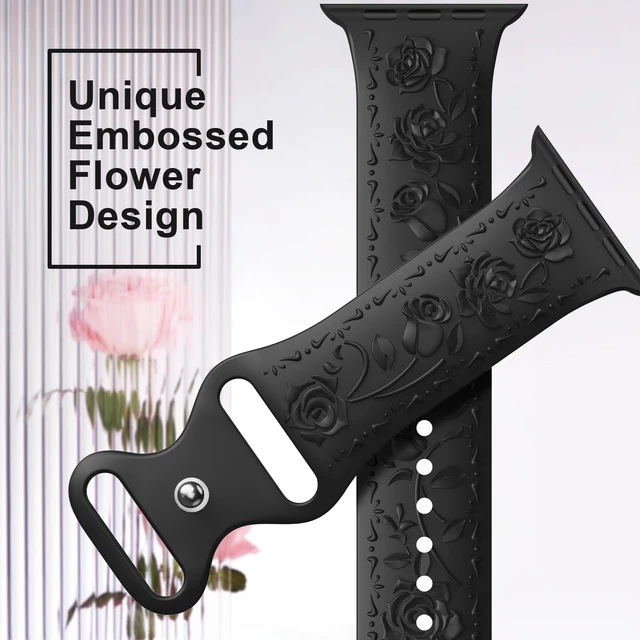 Alt view image 3 of 6 - Floral Engraved Band Compatible with Apple Watch Band 40mm 41mm 38mm 42mm 44mm 45mm 46mm 49mm Women, Soft Silicone Embossed Flower Strap for iWatch Band Series SE Ultra 11 10 9 8 7 6 5 4 3 Black 38