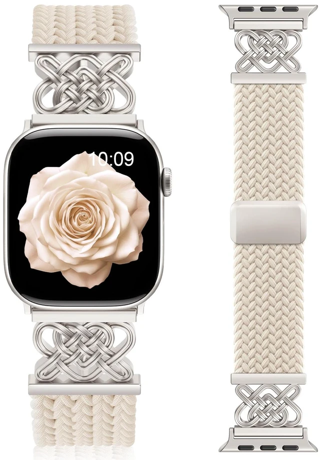 Main image of Braided Stretchy Band for Apple Watch Bands 38mm 40mm 41mm 42mm Women Men Celtic Love Knot Metal, Magnetic Clasp, Nylon Elastic Straps for iWatch Series 11 10 9 8 7 6 5 4 3 2 1, SE 3/2/1, Ultra 3/2/1