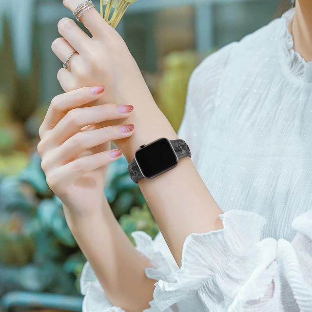 Alt view image 5 of 6 - Floral Engraved Band Compatible with Apple Watch Band 40mm 41mm 38mm 42mm 44mm 45mm 46mm 49mm Women, Soft Silicone Embossed Flower Strap for iWatch Band Series SE Ultra 11 10 9 8 7 6 5 4 3 Black 38