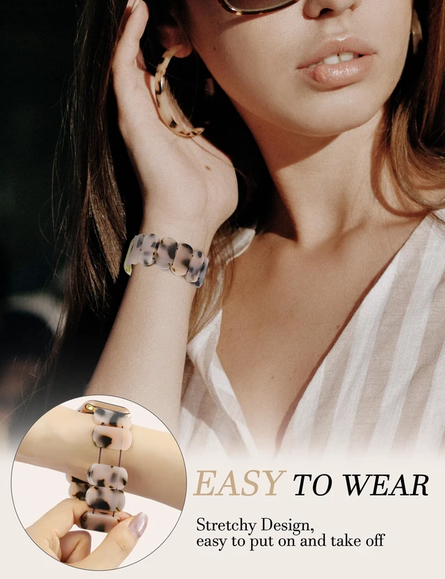 Alt view image 6 of 7 - Resin Stretchy Watch Bands Women Compatible with Apple Watch 38mm 40mm 41mm 42mm (S11/10) Tortoise Light Bracelet Beaded Elastic Strap for iWatch Series11/10/9/8/7/6/5/4/3/2/1/SE/Ultra (S)