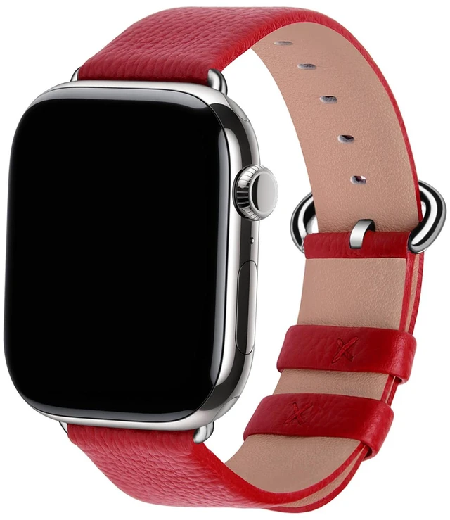 Main image of Band for Apple Watch 49/46/45/44/42/41/40/38mm | Fits iWatch Series11 10 9 8 7 6 5 4 3 2 1 SE3/2/1 Ultra3/2/1,Top Grain Soft Genuine Leather Strap for Women Red&Silver