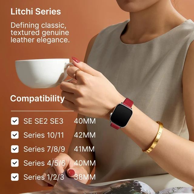 Alt view image 3 of 7 - Band for Apple Watch 49/46/45/44/42/41/40/38mm | Fits iWatch Series11 10 9 8 7 6 5 4 3 2 1 SE3/2/1 Ultra3/2/1,Top Grain Soft Genuine Leather Strap for Women Red&Silver
