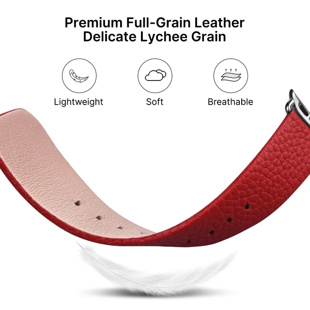 Alt view image 4 of 7 - Band for Apple Watch 49/46/45/44/42/41/40/38mm | Fits iWatch Series11 10 9 8 7 6 5 4 3 2 1 SE3/2/1 Ultra3/2/1,Top Grain Soft Genuine Leather Strap for Women Red&Silver
