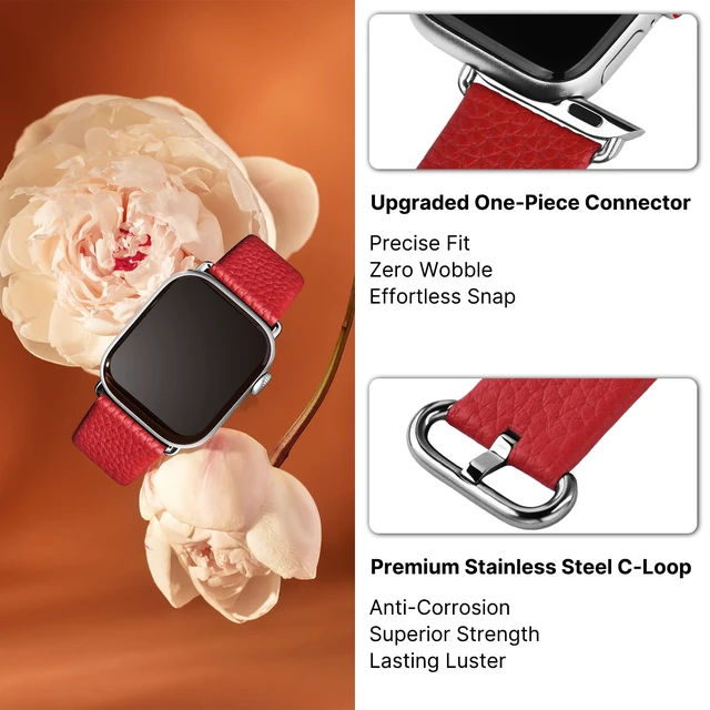 Alt view image 6 of 7 - Band for Apple Watch 49/46/45/44/42/41/40/38mm | Fits iWatch Series11 10 9 8 7 6 5 4 3 2 1 SE3/2/1 Ultra3/2/1,Top Grain Soft Genuine Leather Strap for Women Red&Silver