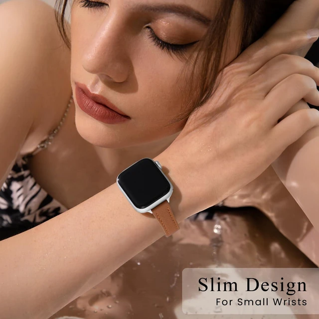 Alt view image 2 of 7 - Slim Leather Band Compatible with Apple Watch Bands for Women, Thin | Genuine Leather, Fits Small Wrists, for Daily Wear, for iWatch SE 9 8 7 6 5 4 3 2 1, 38mm 40mm 41mm 42mm(Series 11 10)