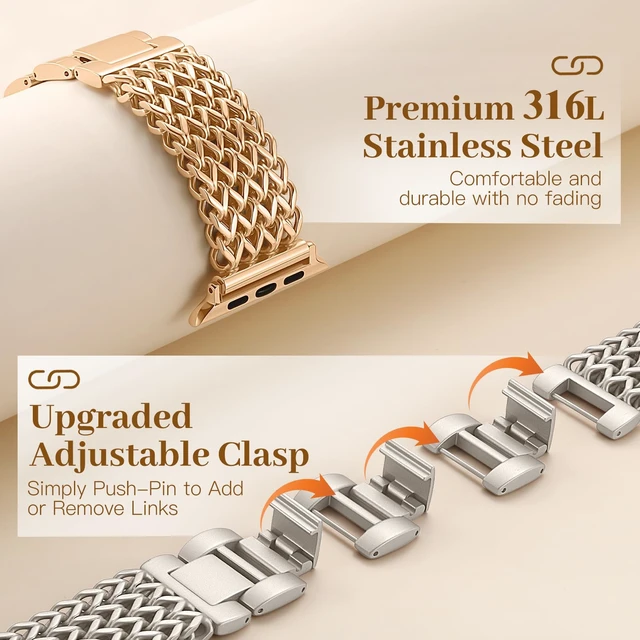 Alt view image 4 of 7 - Metal Band Compatible with Apple Watch Bands for Women 40mm 41mm 42mm 38mm 44mm 45mm 46mm, Dressy Stainless Steel Link Bracelet, Designer Strap for iWatch Series 11/SE/10/9/8/7/6/5/4/3/2/1, Starlight