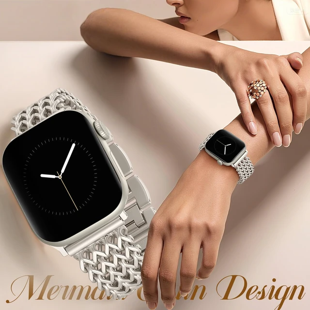 Alt view image 3 of 7 - Metal Band Compatible with Apple Watch Bands for Women 40mm 41mm 42mm 38mm 44mm 45mm 46mm, Dressy Stainless Steel Link Bracelet, Designer Strap for iWatch Series 11/SE/10/9/8/7/6/5/4/3/2/1, Starlight