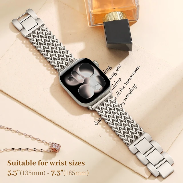Alt view image 5 of 7 - Metal Band Compatible with Apple Watch Bands for Women 40mm 41mm 42mm 38mm 44mm 45mm 46mm, Dressy Stainless Steel Link Bracelet, Designer Strap for iWatch Series 11/SE/10/9/8/7/6/5/4/3/2/1, Starlight