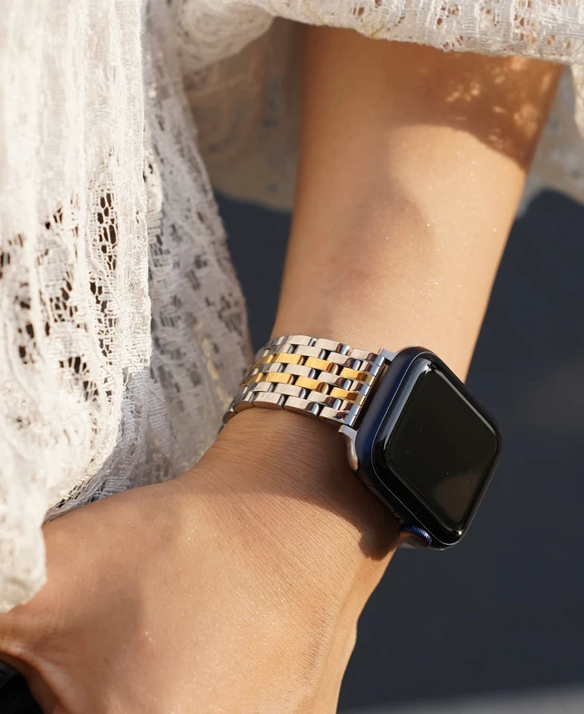 Alt view image 5 of 7 - Seven-link Watch Bands for Apple Watch Series 11,10,9,8,7,6,5,4,3,2,1 and SE 3/2/1 for Women, Dressy Stainless Steel Metal Band for Apple Watch 40mm 41mm 42mm 38mm for iWatch, Two-Tone Silver/Gold
