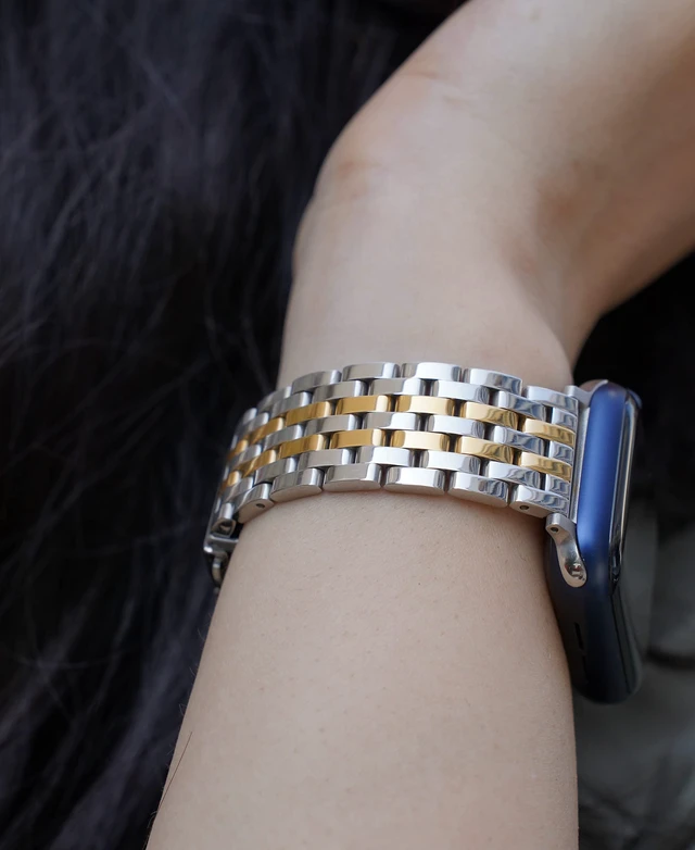 Alt view image 7 of 7 - Seven-link Watch Bands for Apple Watch Series 11,10,9,8,7,6,5,4,3,2,1 and SE 3/2/1 for Women, Dressy Stainless Steel Metal Band for Apple Watch 40mm 41mm 42mm 38mm for iWatch, Two-Tone Silver/Gold