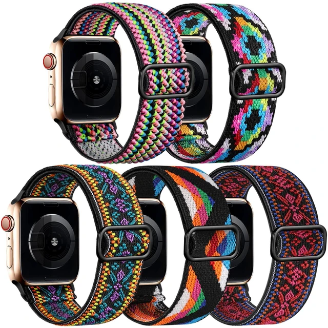 Main image of 5 Pack Stretchy Bands Compatible with Apple Watch 40mm 41mm 42mm 38mm 44mm 45mm 46mm Women, Elastic Fabric Nylon Strap Wristband for iWatch SE 3 2 1 Series 11 10 9 8 7 6 5 4 3 Boho Solo Loop