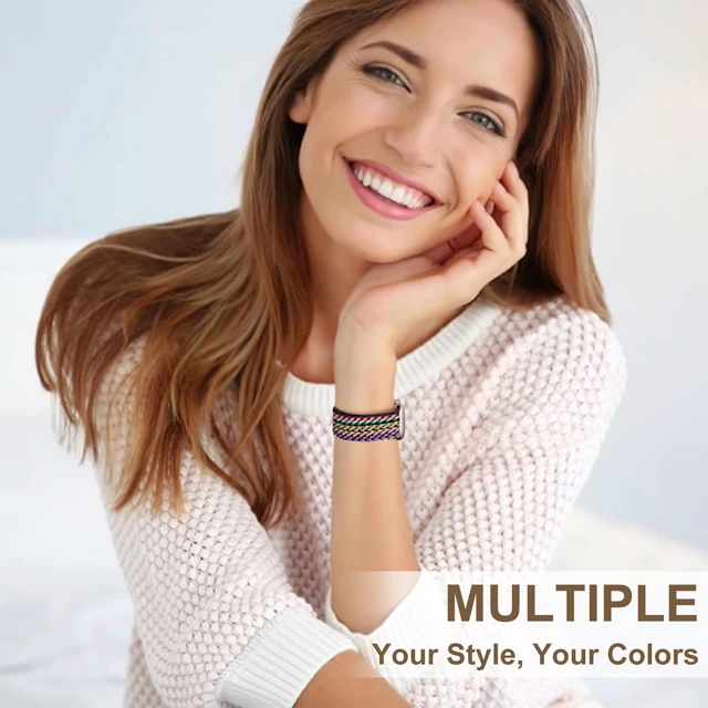 Alt view image 2 of 7 - 5 Pack Stretchy Bands Compatible with Apple Watch 40mm 41mm 42mm 38mm 44mm 45mm 46mm Women, Elastic Fabric Nylon Strap Wristband for iWatch SE 3 2 1 Series 11 10 9 8 7 6 5 4 3 Boho Solo Loop