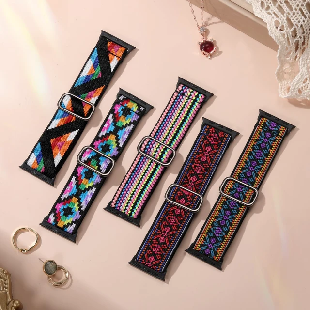 Alt view image 4 of 7 - 5 Pack Stretchy Bands Compatible with Apple Watch 40mm 41mm 42mm 38mm 44mm 45mm 46mm Women, Elastic Fabric Nylon Strap Wristband for iWatch SE 3 2 1 Series 11 10 9 8 7 6 5 4 3 Boho Solo Loop