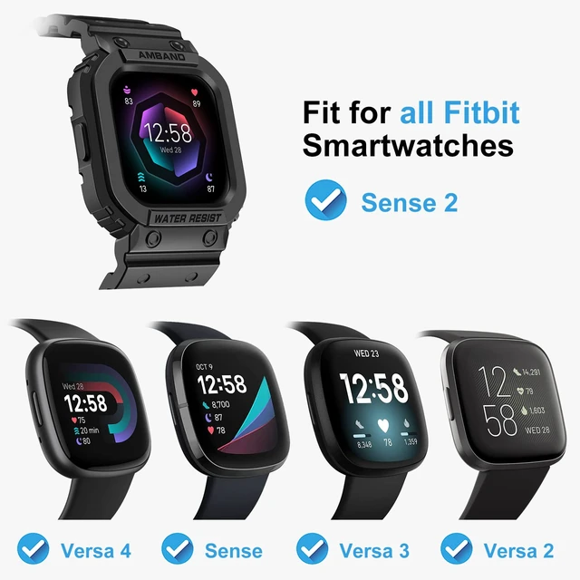 Alt view image 2 of 6 - Compatible for Fitbit Versa 4/3/2/ Fitbit Versa Lite/Fitbit Sense 2/ Fitbit Sense Bands with Case, Protective Smartwatch Case Strap Rugged Sport Protector Wristbands Men Black