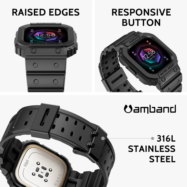 Alt view image 3 of 6 - Compatible for Fitbit Versa 4/3/2/ Fitbit Versa Lite/Fitbit Sense 2/ Fitbit Sense Bands with Case, Protective Smartwatch Case Strap Rugged Sport Protector Wristbands Men Black