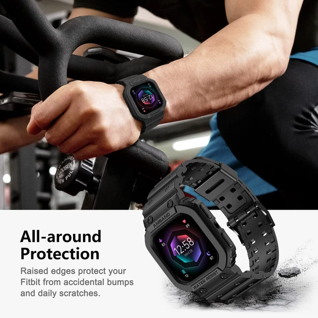 Alt view image 4 of 6 - Compatible for Fitbit Versa 4/3/2/ Fitbit Versa Lite/Fitbit Sense 2/ Fitbit Sense Bands with Case, Protective Smartwatch Case Strap Rugged Sport Protector Wristbands Men Black
